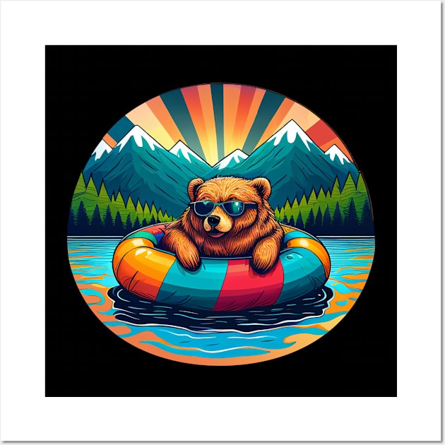 Grizzly Bear in Sunglasses Floating on a Lake with Mountains and Trees Wall Art by Pine Hill Goods